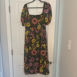 Floral Puff Sleeve Dress - Green, Pink, Yellow